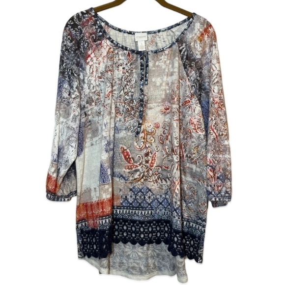 Chicos Top Women XL Orange Lace Floral Feminine Boho Western Concert Mature 80s - Picture 1 of 14